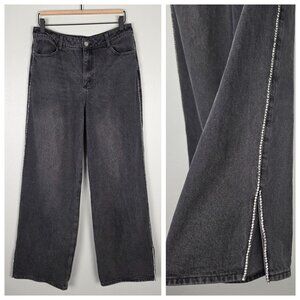 12th Tribe Wide Leg Jeans Embellished Rhinestone Split Hem High Rise Gray Size L